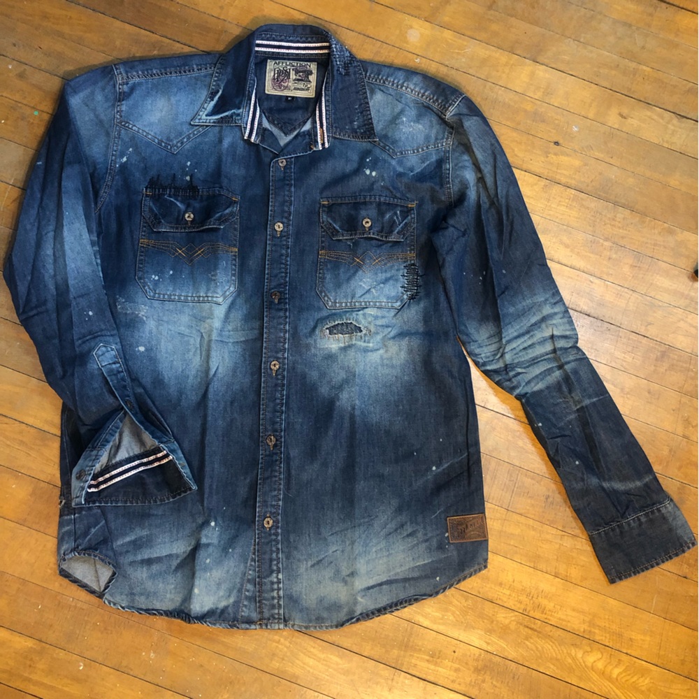 🔥Affliction🔥- Distressed Denim Shirt - XL